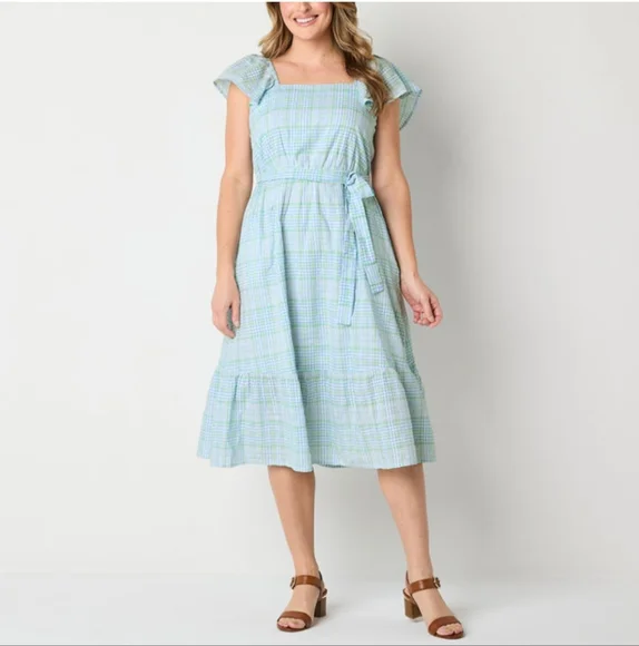 St. John's Bay SquareNeck Midi Oversized Plaid Romantic Dress Pockets Cotton XL - Picture 2 of 8